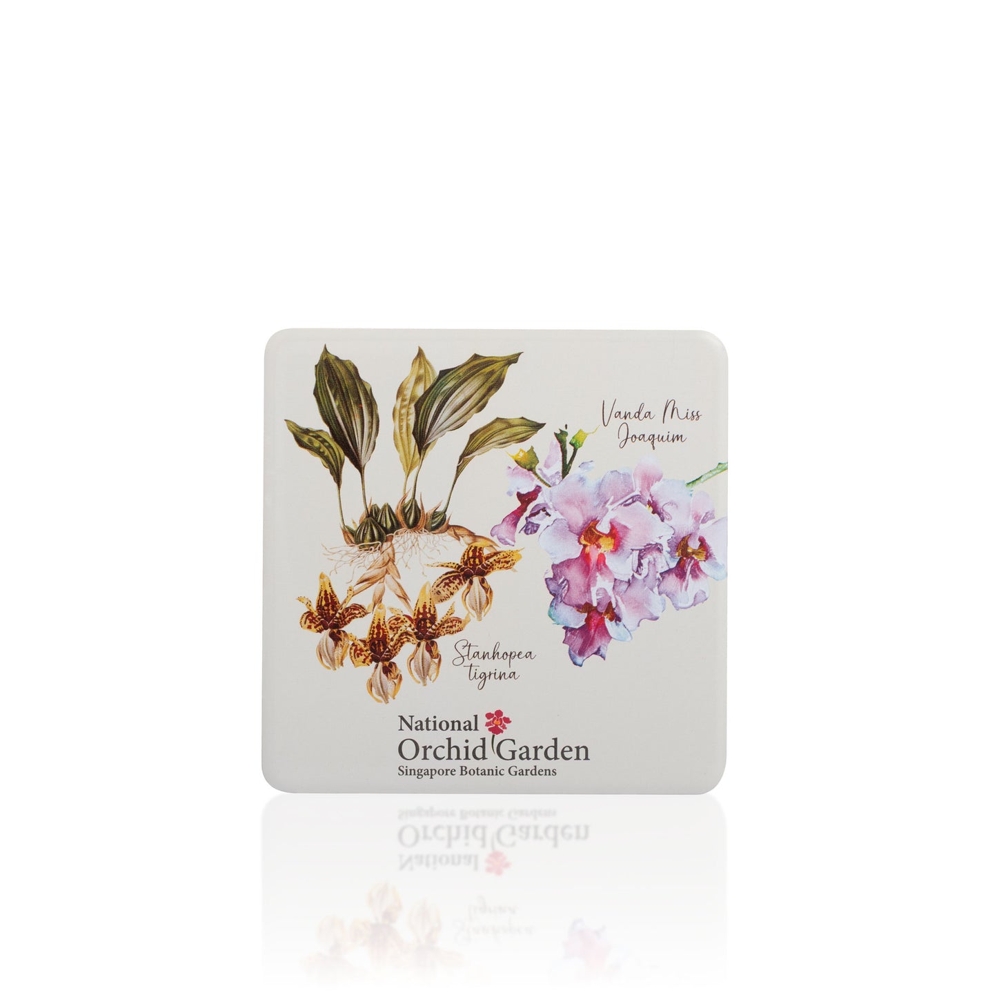 Square orchid garden magnet with pink flowers, butterflies, and leaf illustrations