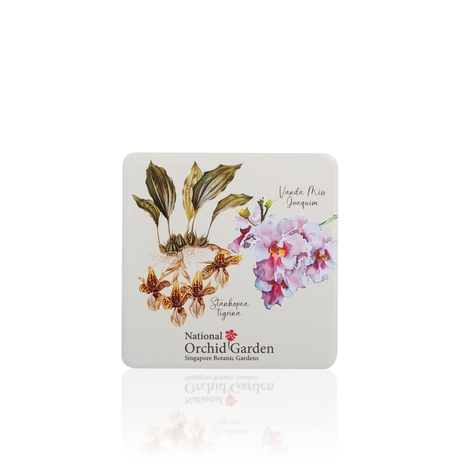 Square orchid garden magnet with pink flowers, butterflies, and leaf illustrations