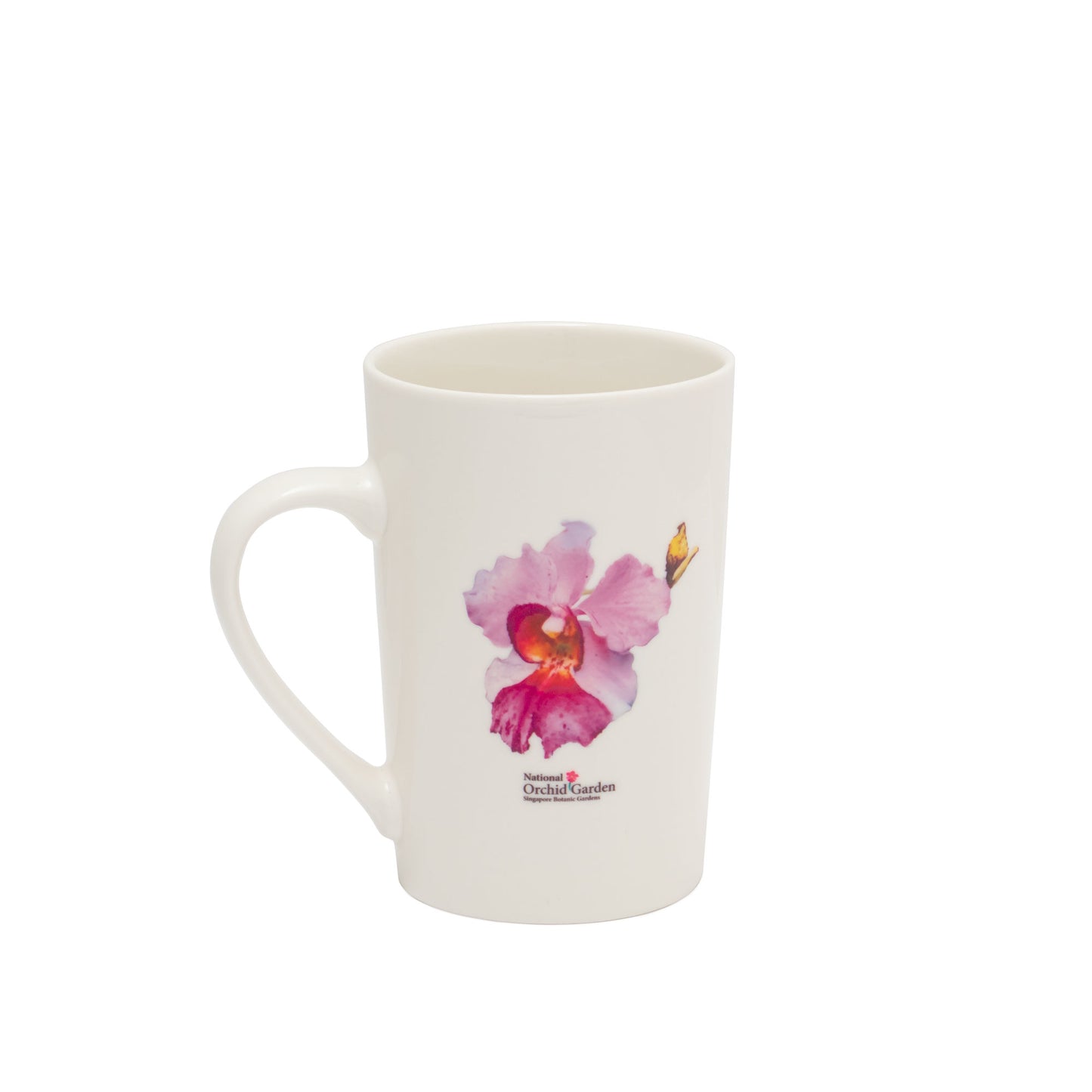 White ceramic mug with single watercolor orchid and small butterfly, rounded handle