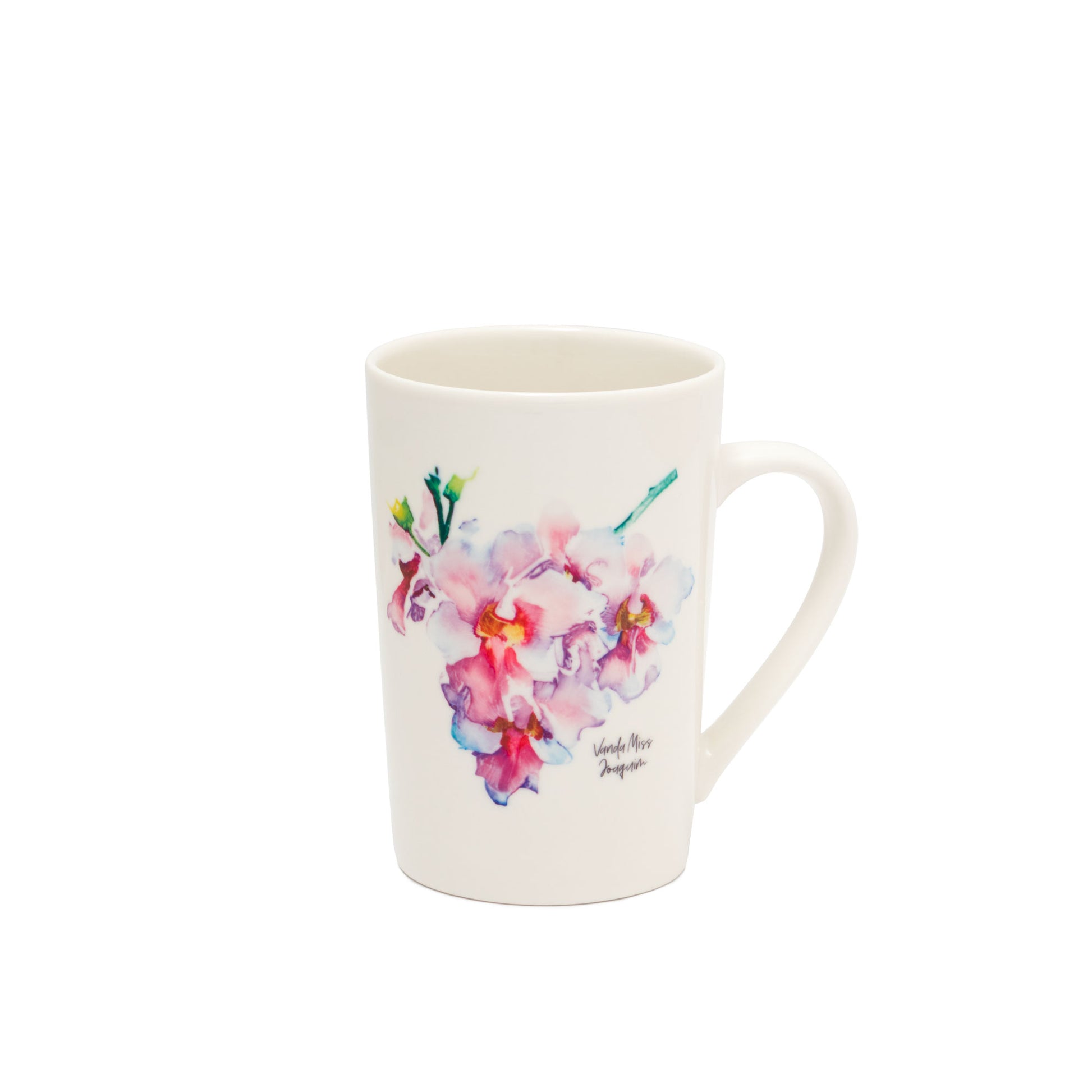 White ceramic mug with watercolor orchids and butterfly, curved handle