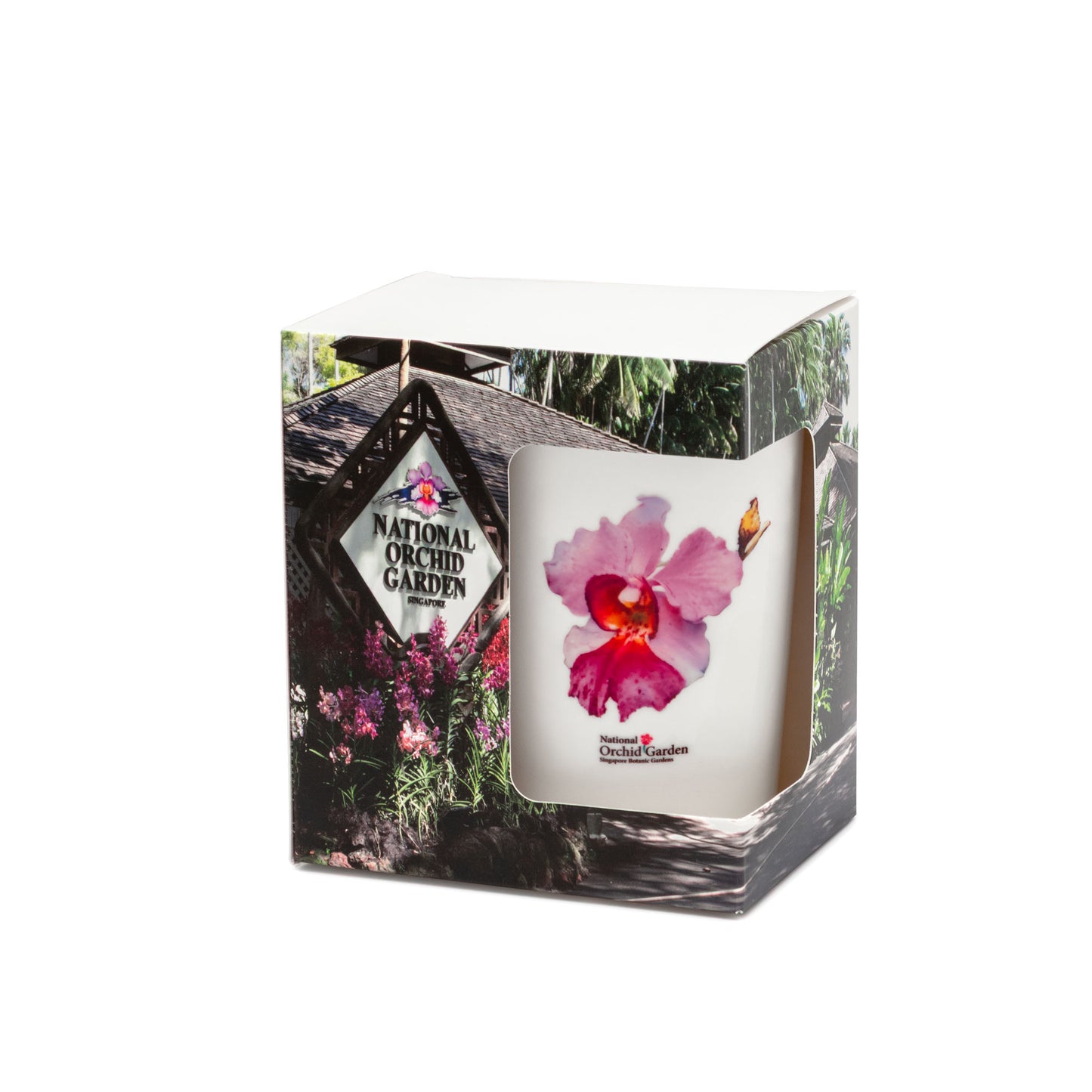 Orchid-themed gift box with clear window showing watercolor orchid ceramic mug