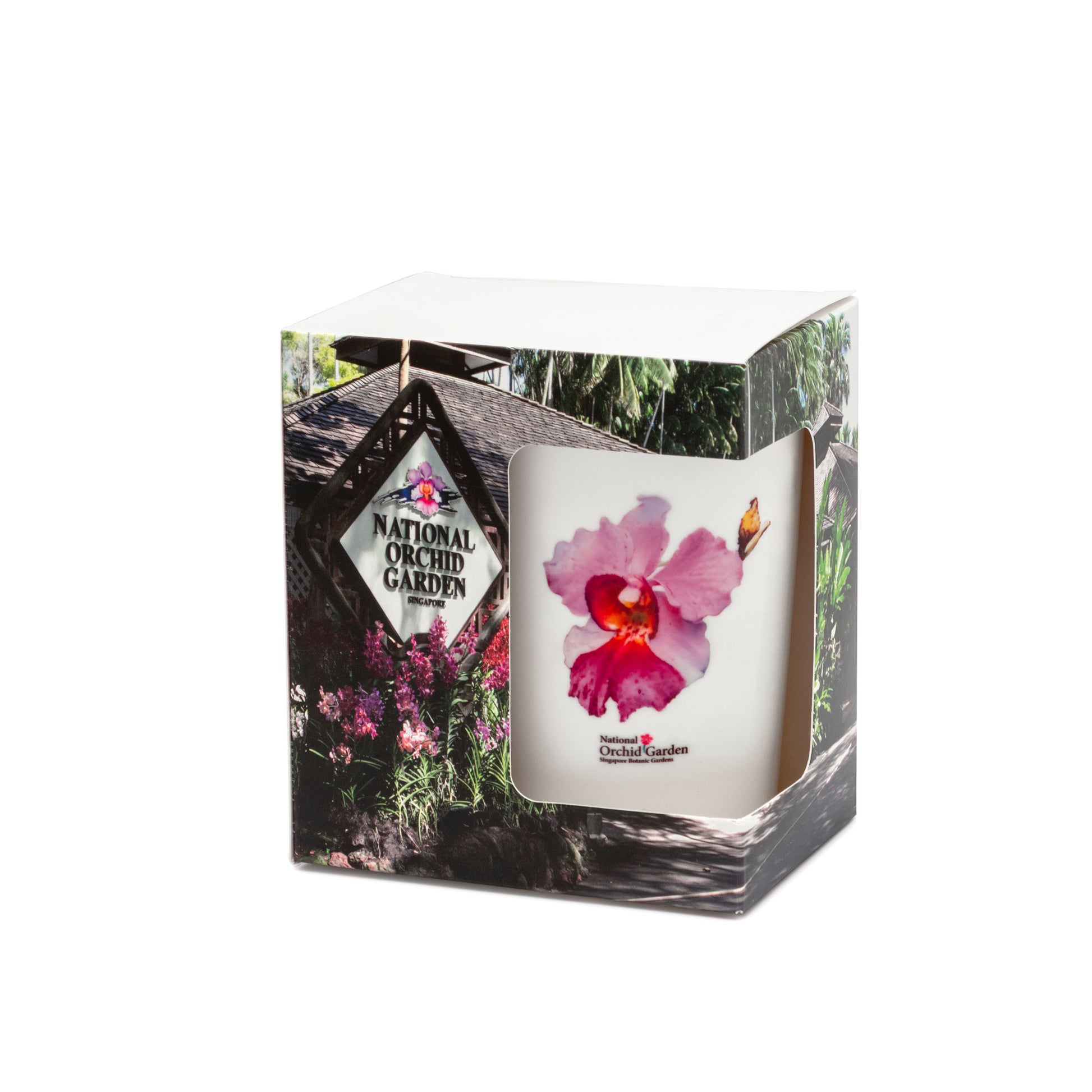 Orchid-themed gift box with clear window showing watercolor orchid ceramic mug
