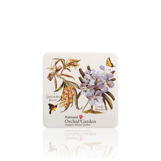 Square orchid garden magnet with purple orchid illustration and butterflies