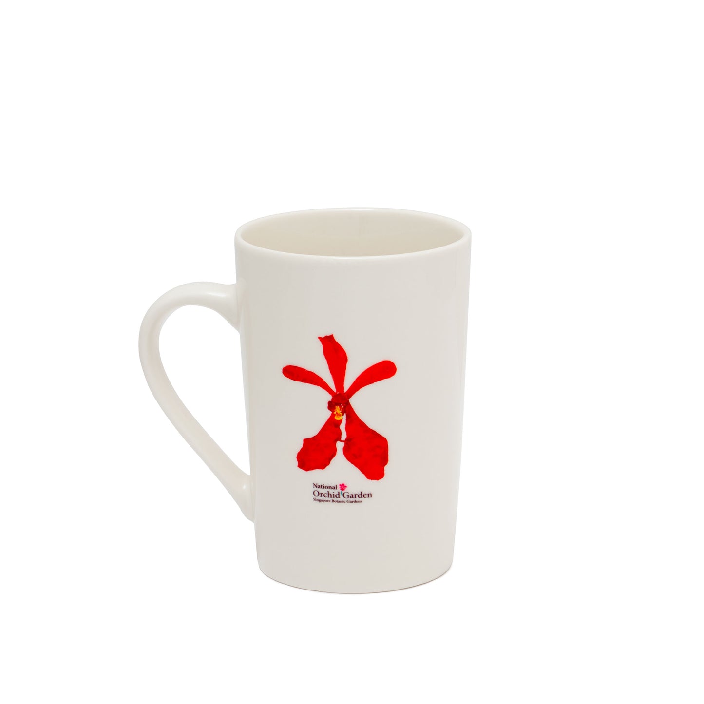 White ceramic mug with red orchid flower graphic and “Orchid Garden” text