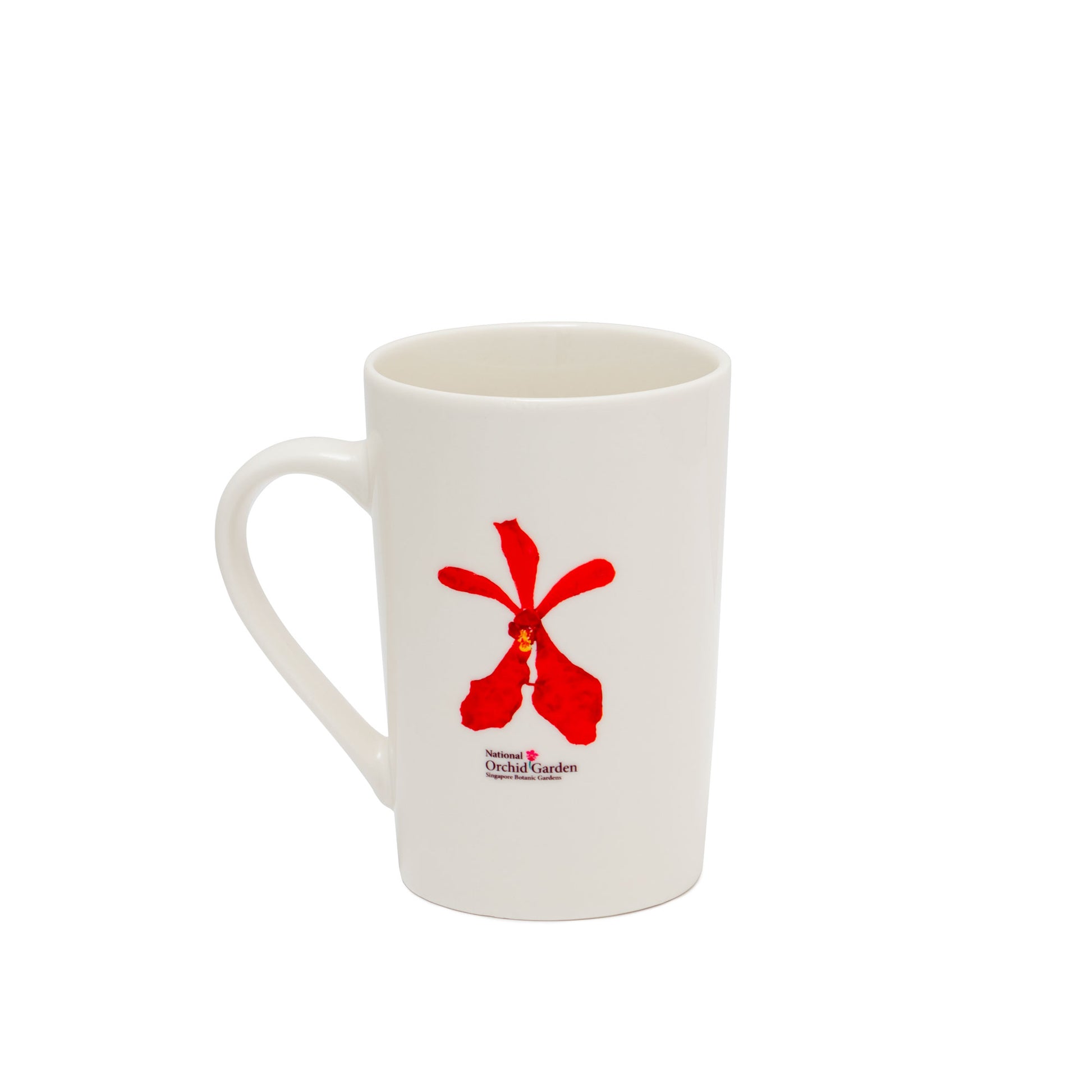 White ceramic mug with red orchid flower graphic and “Orchid Garden” text