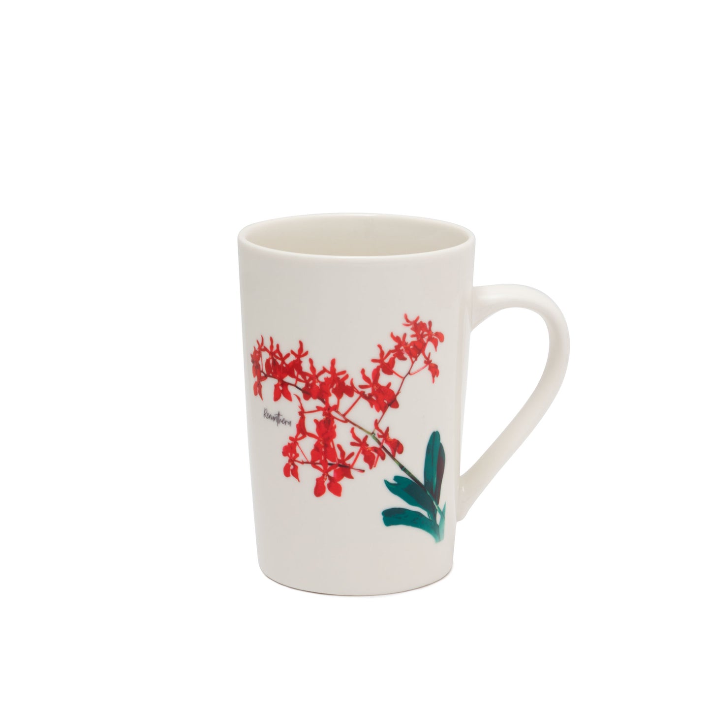 White ceramic mug with red floral branch and green leaf graphic