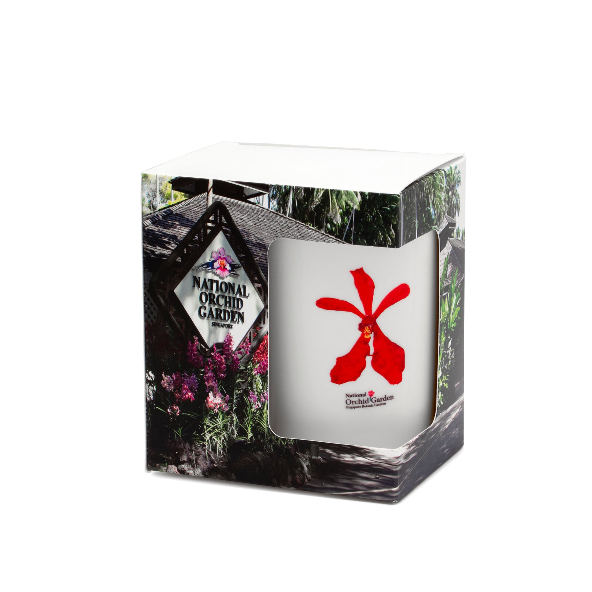 Ceramic mug in retail box with red orchid flower graphic