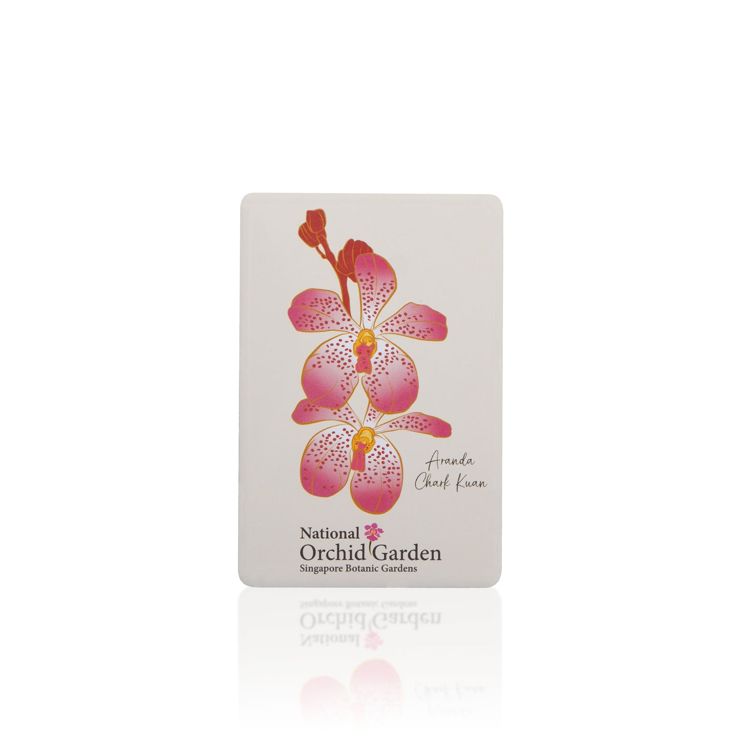 Orchid garden fridge magnet with pink star-shaped orchids and National Orchid Garden text