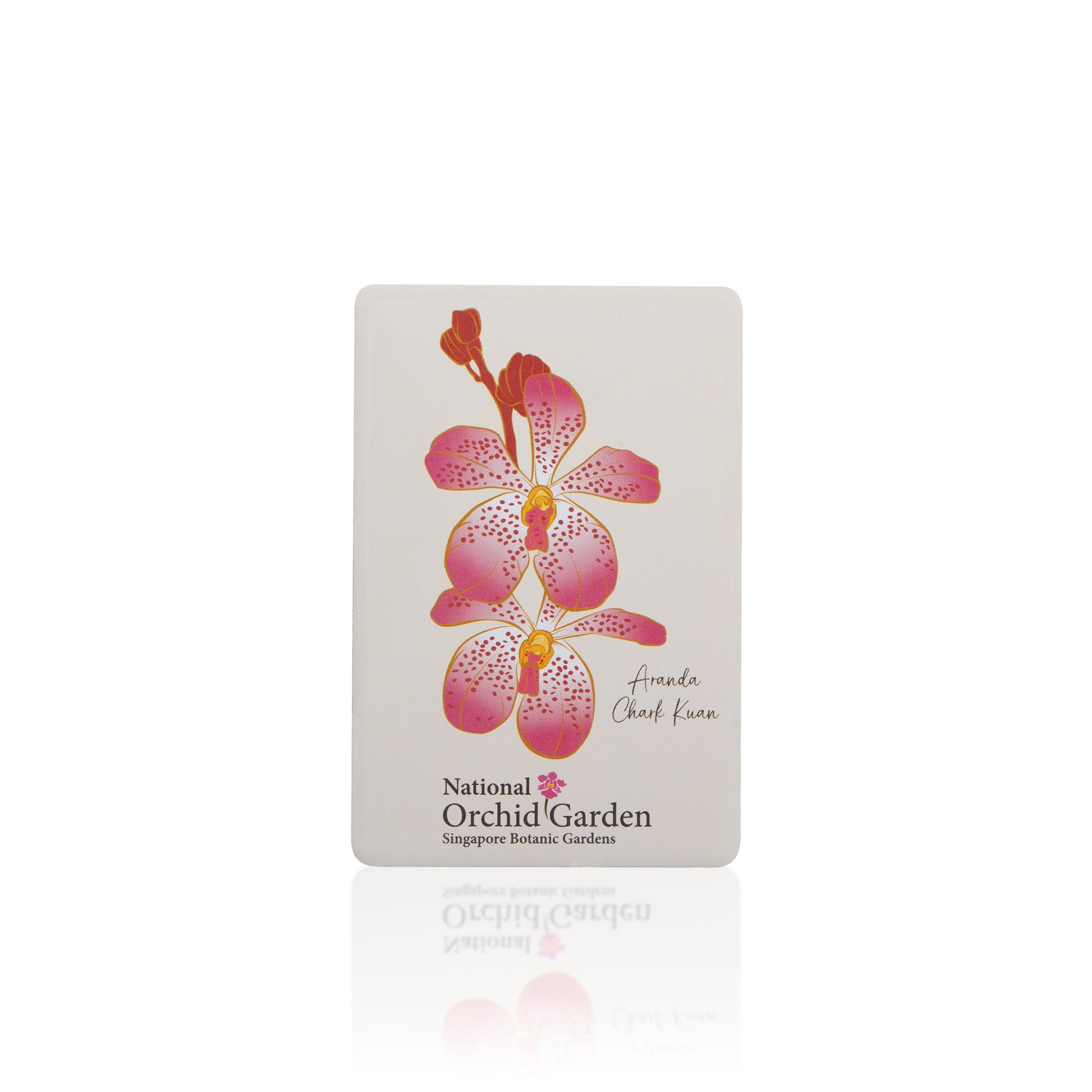 Orchid garden fridge magnet with pink star-shaped orchids and National Orchid Garden text