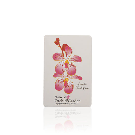 Orchid garden fridge magnet with pink star-shaped orchids and National Orchid Garden text
