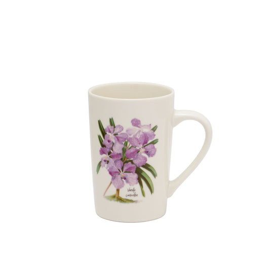 Cream ceramic mug with purple orchid bouquet graphic and curved handle