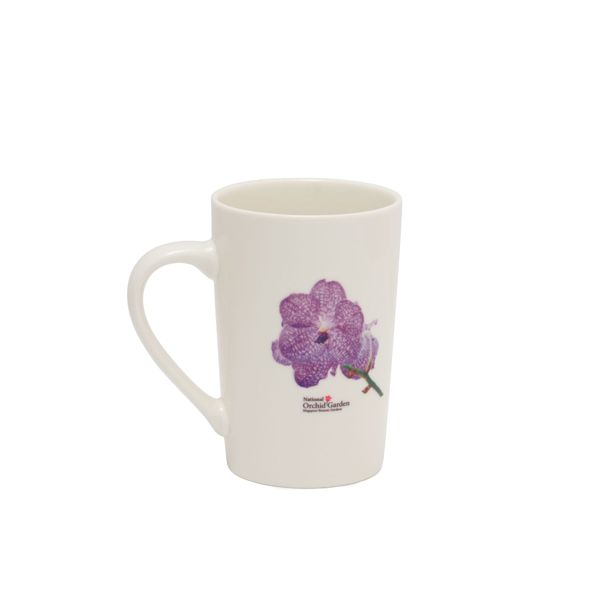Cream ceramic mug with purple orchid garden graphic and side handle