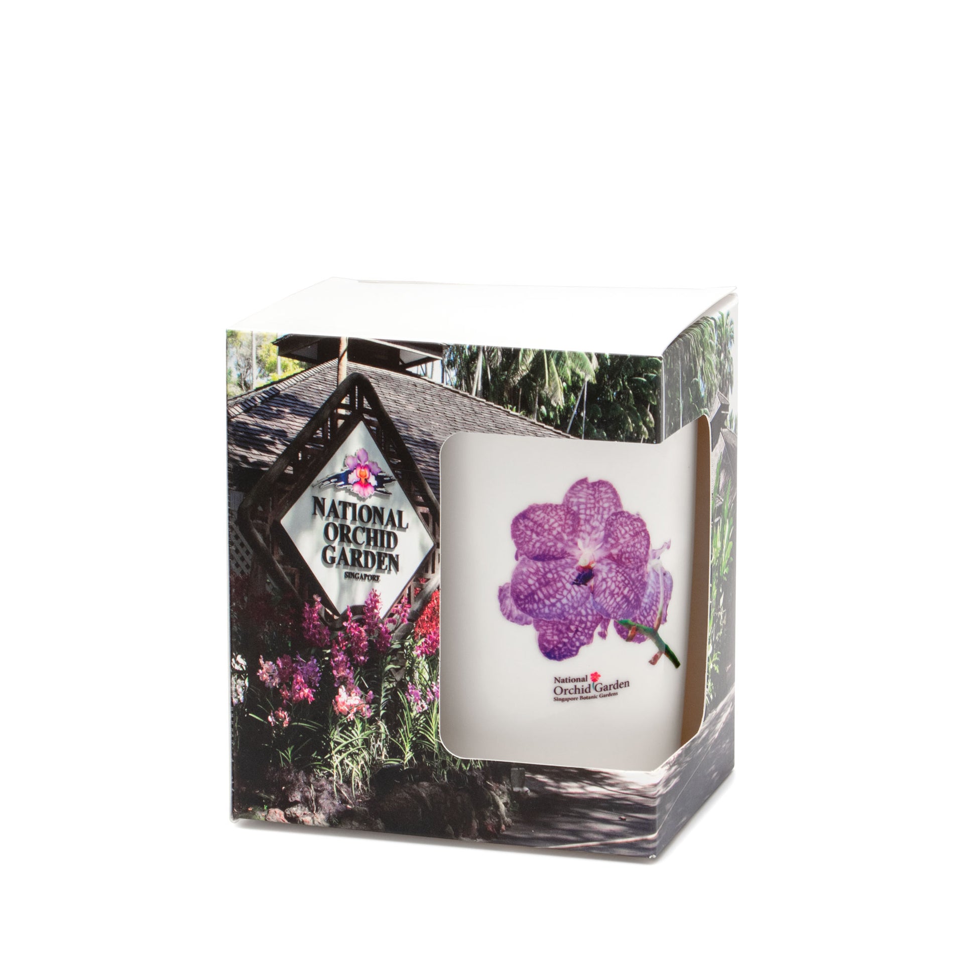 Ceramic mug inside box with National Orchid Garden logo and purple orchid print