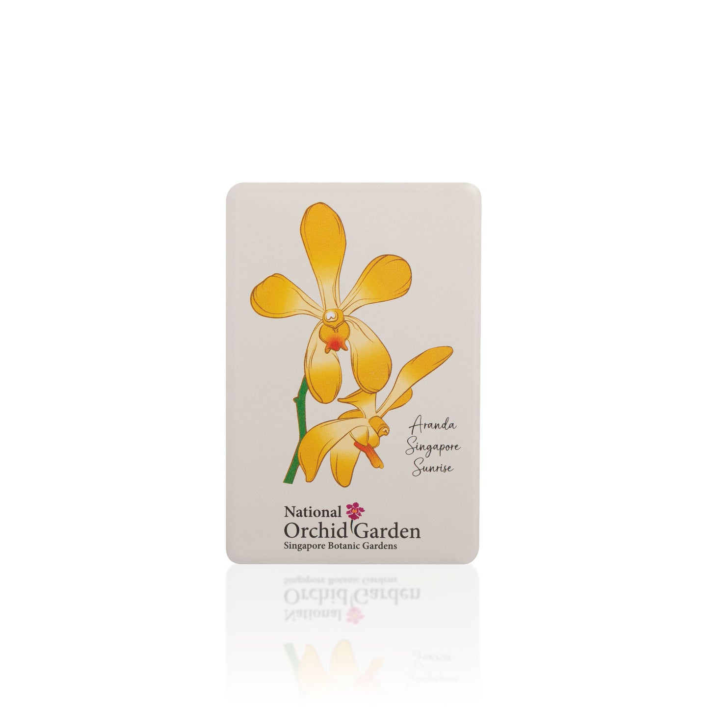 Square orchid garden magnet with yellow sunrise orchid illustration and National Orchid Garden logo