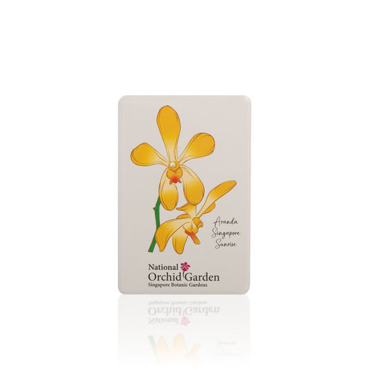 Square orchid garden magnet with yellow sunrise orchid illustration and National Orchid Garden logo
