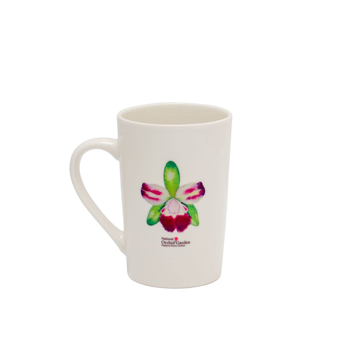 White ceramic mug with colorful orchid bloom print and curved handle