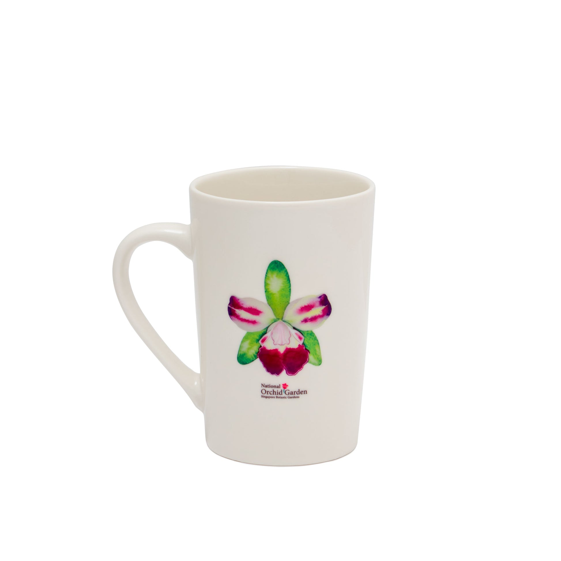 White ceramic mug with colorful orchid bloom print and curved handle