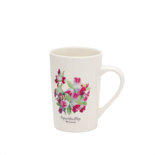 White ceramic mug with pink orchid floral print and curved handle