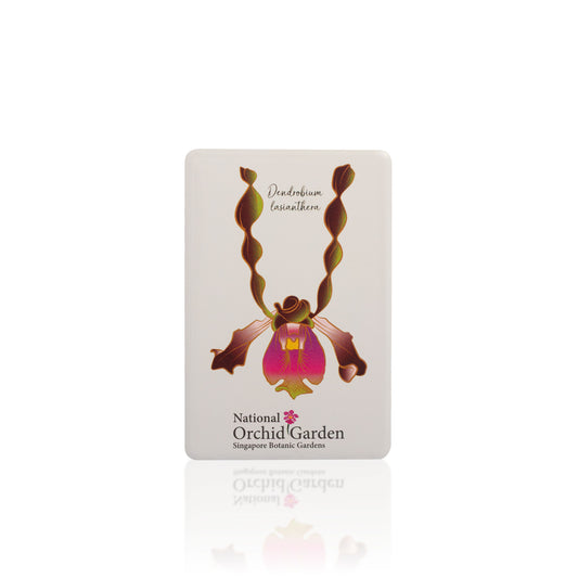 National Orchid Garden magnet with Dendrobium lasianthera orchid artwork and logo