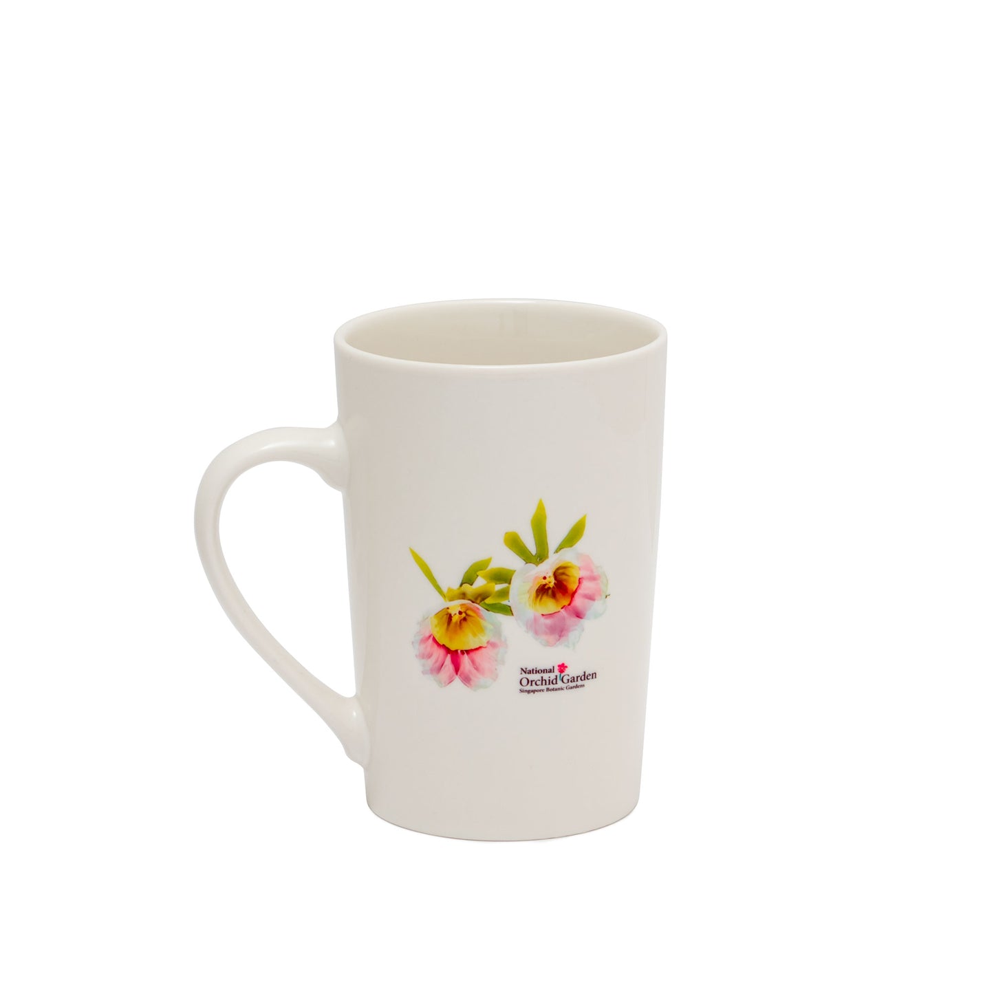 White ceramic mug with yellow and pink orchid flower illustration on front
