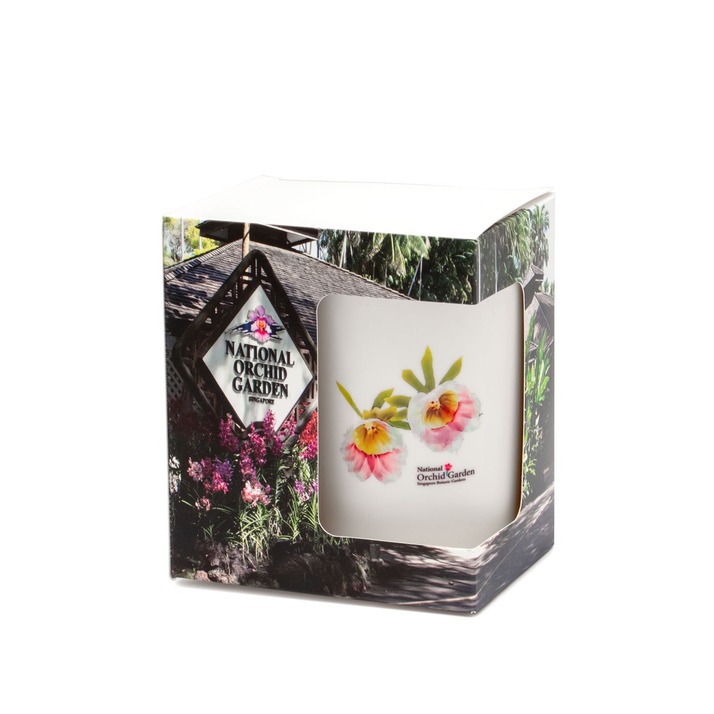 Ceramic mug gift box with orchid garden graphic and floral mug illustration