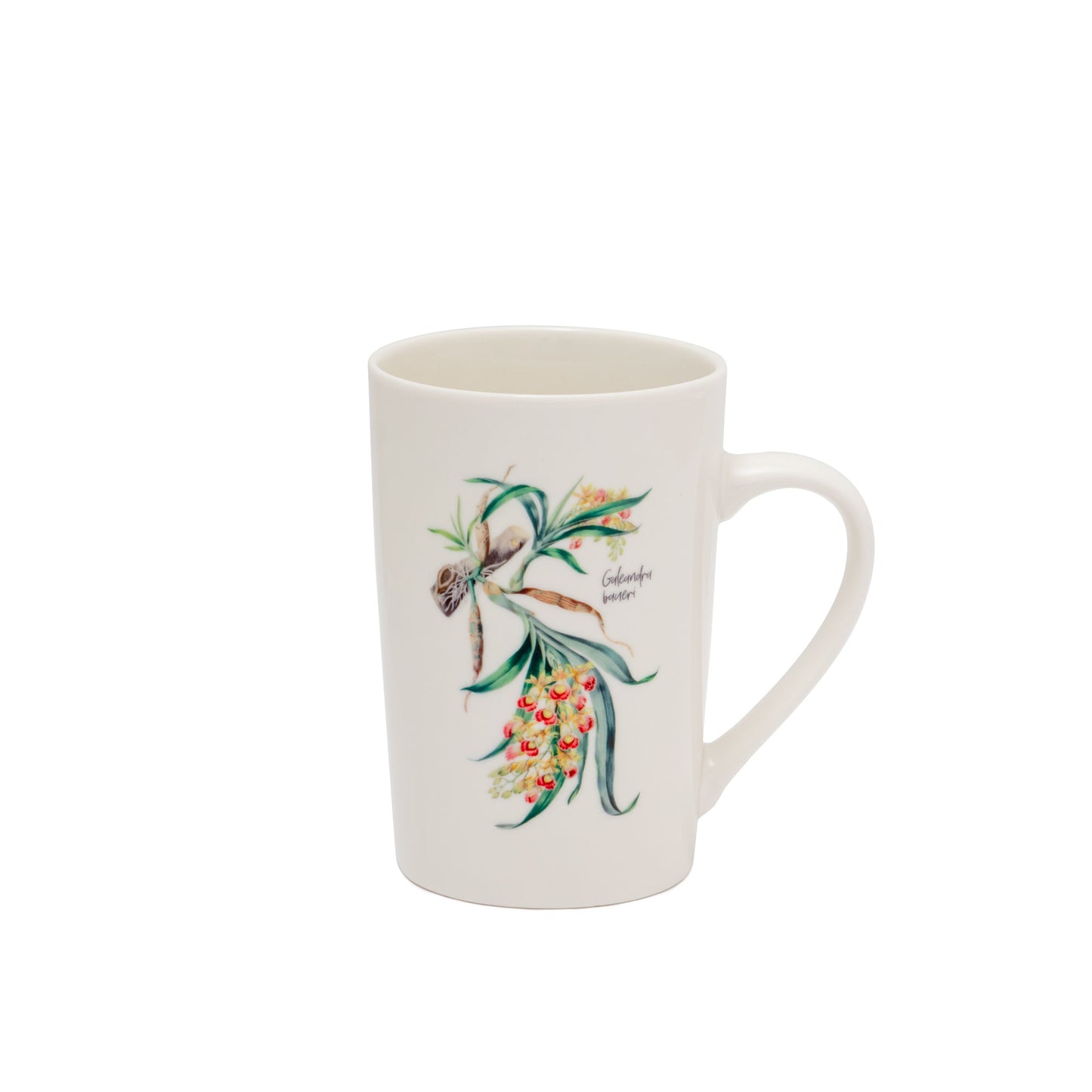 White ceramic mug with colorful bird and wildflower illustration on front