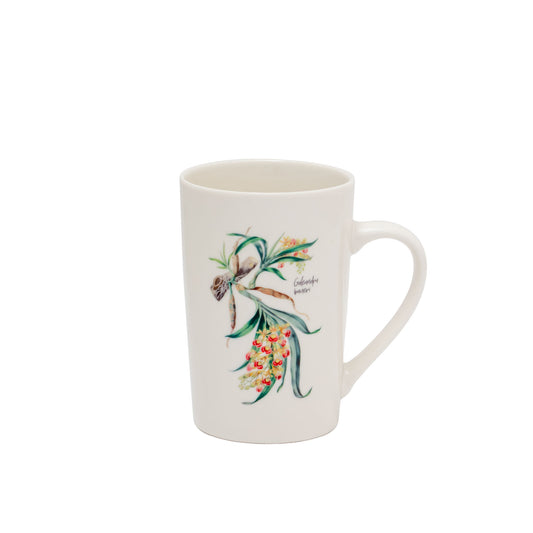 White ceramic mug with colorful bird and wildflower illustration on front