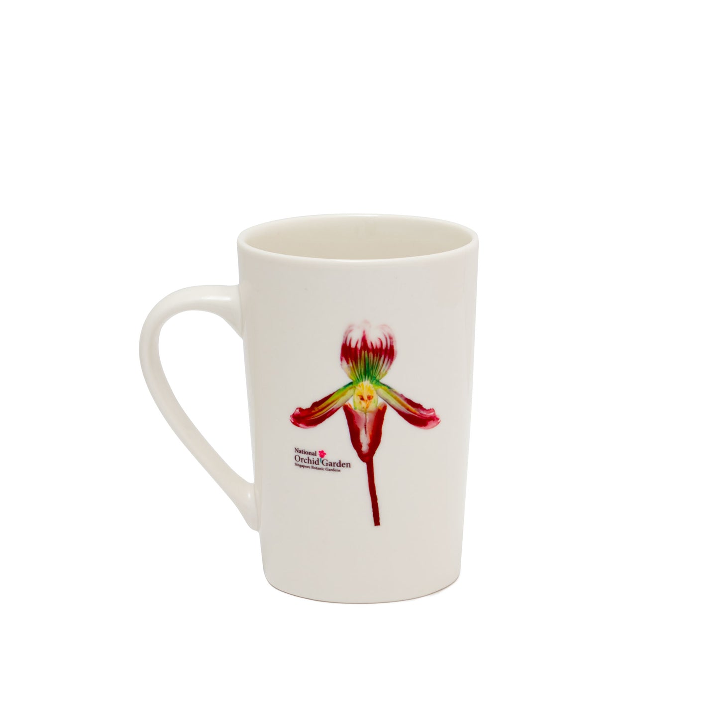 White ceramic mug with red orchid illustration and small orchid text