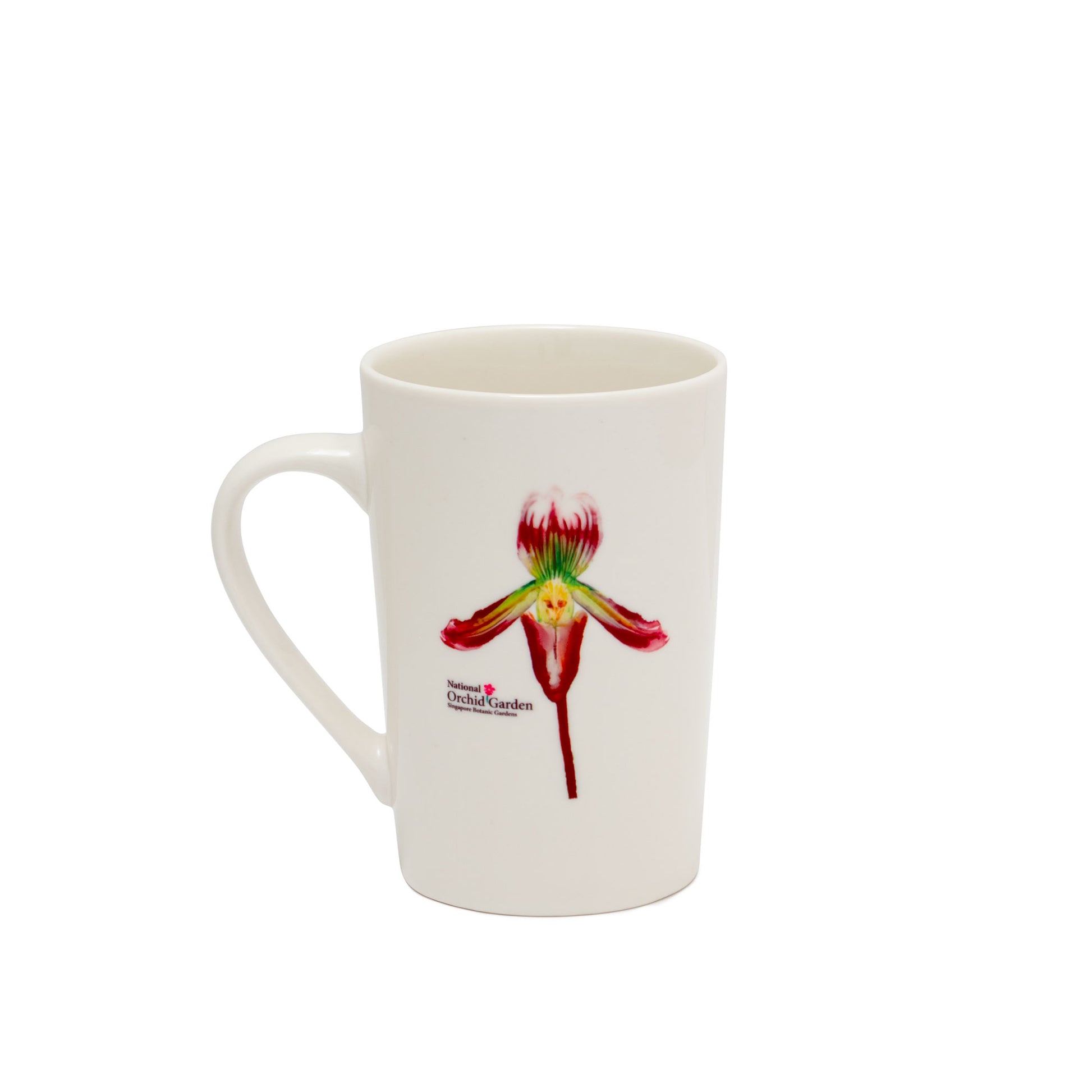 White ceramic mug with red orchid illustration and small orchid text