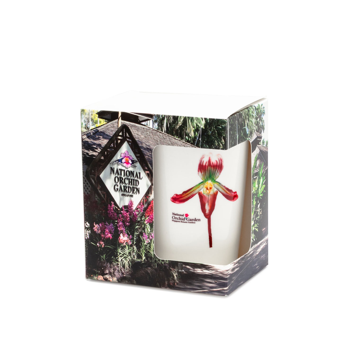Ceramic mug in printed gift box with red orchid flower artwork