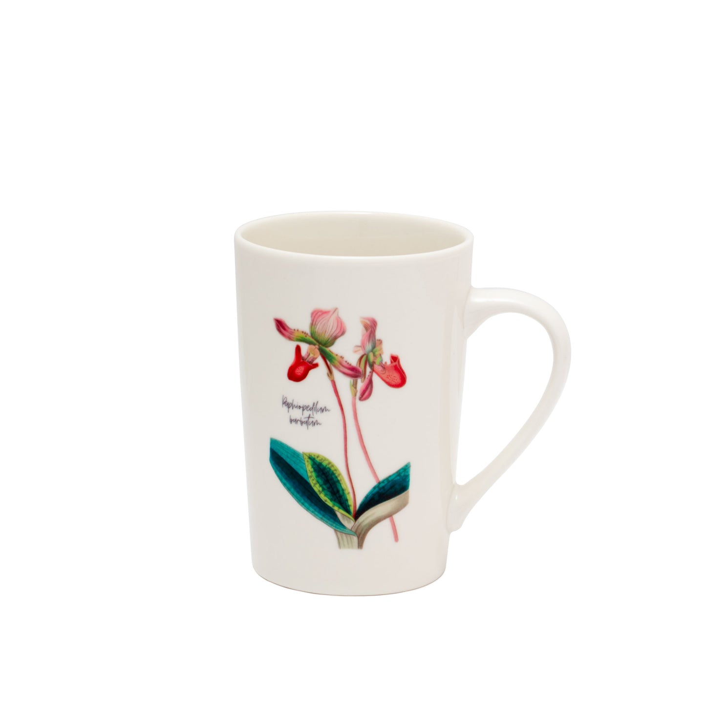 White ceramic mug with orchid floral print and curved handle