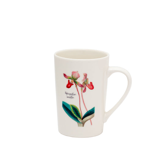 White ceramic mug with orchid floral print and curved handle