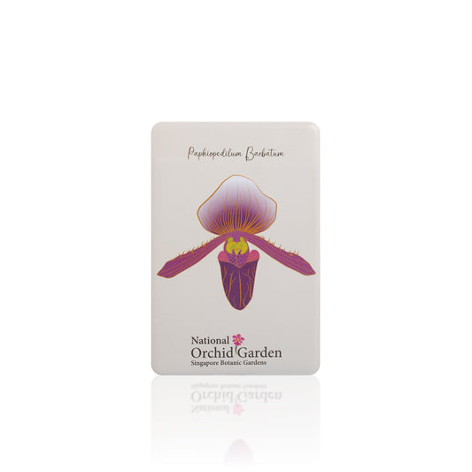 Orchid garden magnet with Paphiopedilum barbatum illustration, text and logo