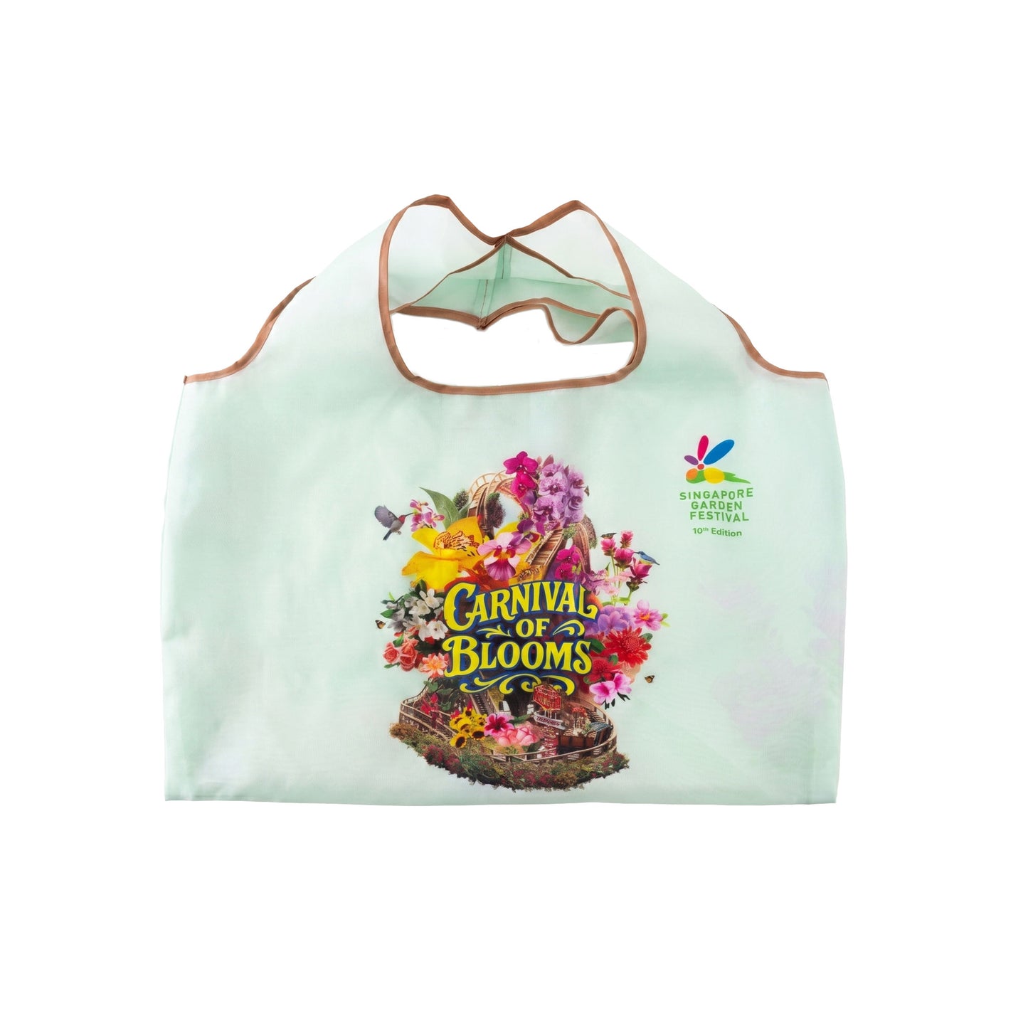 Mint tote shopper bag with brown handles and colorful Carnival of Blooms graphic